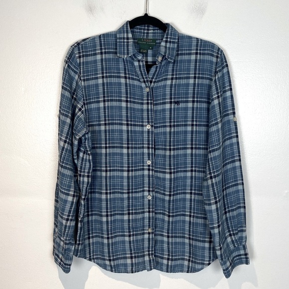 Lauren Ralph Lauren Women's Linen Button Down Shirt Size M Blue Roll Tab Sleeve - Picture 1 of 8